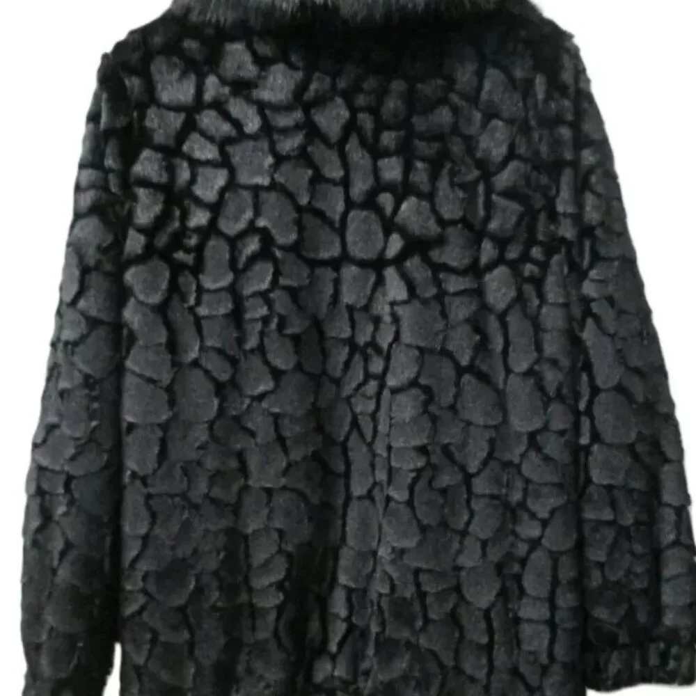 ADRIENNE LANDAU BLACK COLLARED FAUX FUR LONG SLEEVE JACKET COAT LG & XL NWT $275 - Picture 7 of 10